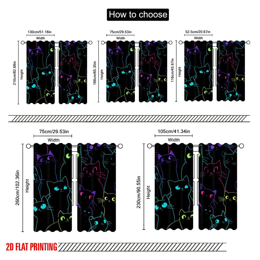 Set Of 2 Flat Printing Window Curtains Cute Black Cats Kawaii Polyester Without Electricity Festive Wall Decor Po Booths Curtain