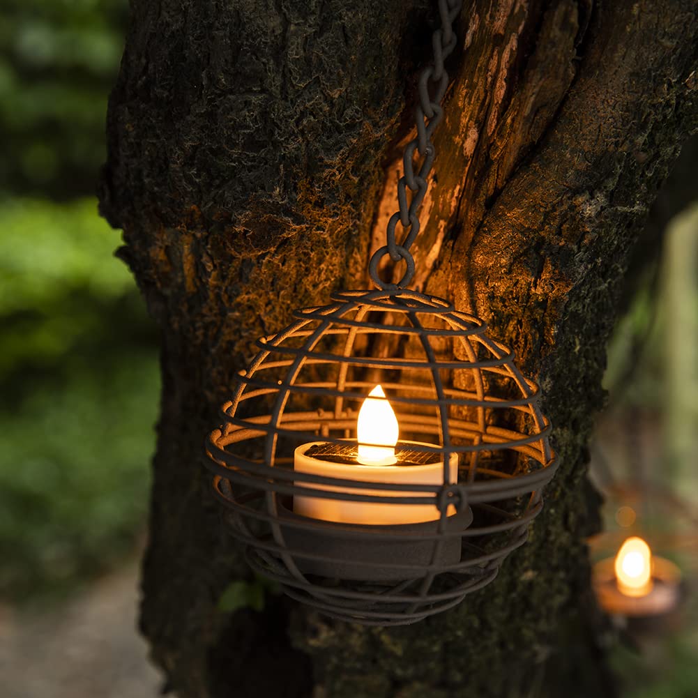 4 Stück Retro Solar-Hängelaternen Outdoor Wasserdicht Rostiges Eisenkugel-Kerzen-Teelicht für Garten Terrasse Zaun Hof Baum Dekor Leuchte
