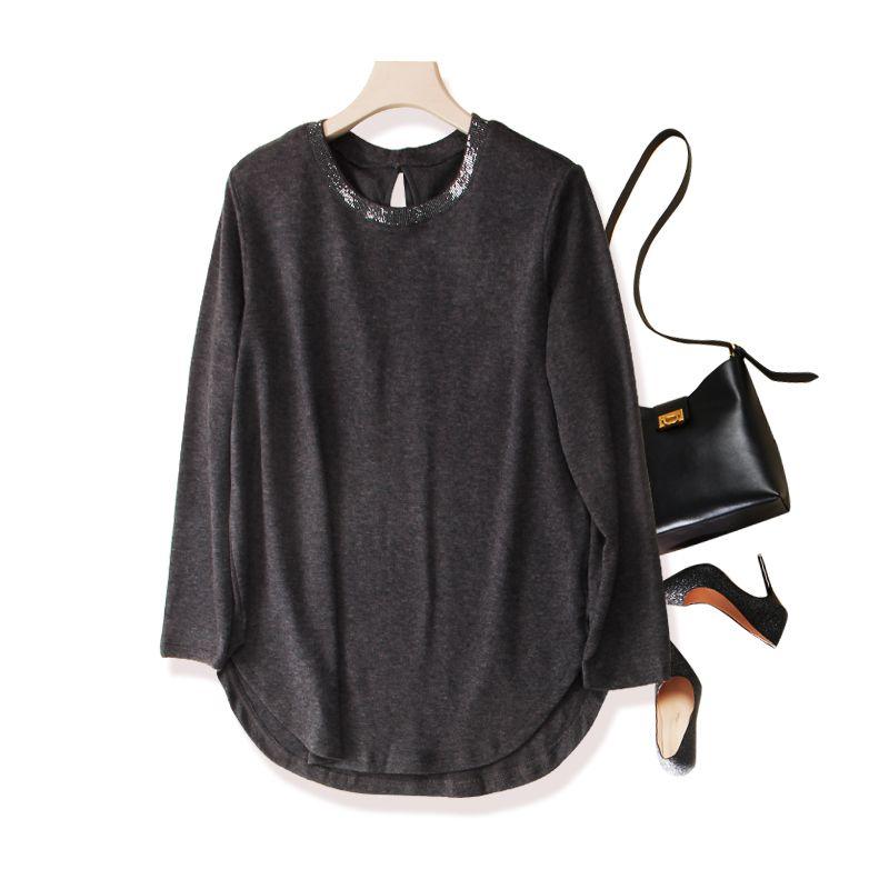 

Small Amount of Fleece! Women s Long-Sleeved Cashmere Cotton Rhinestone Stand Collar Cover Butt Length Fleece Shirt Loose Nordic Temperament Outerwear Gray 3XL