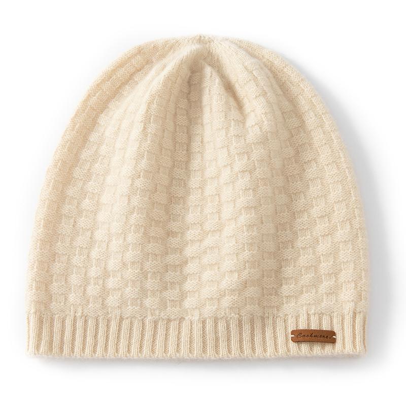 Women 100% Pure Cashmere Knit Beanie Hat Grid Pattern Winter Warm Soft Cozy Headwear Casual Cap Cold Weather Accessory