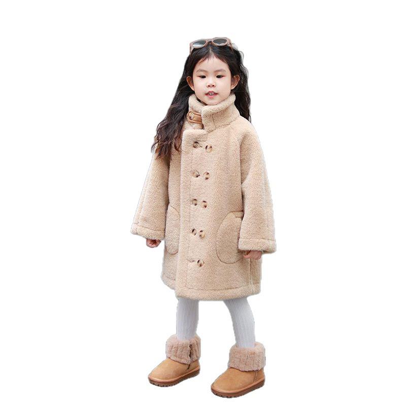 Big Girls' Faux Fur Long Woolen Coat - 2025 Autumn/Winter Style with Fleece