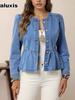 New Women's Ruffled Hem Denim Shirt Jacket with Puff Sleeve Top