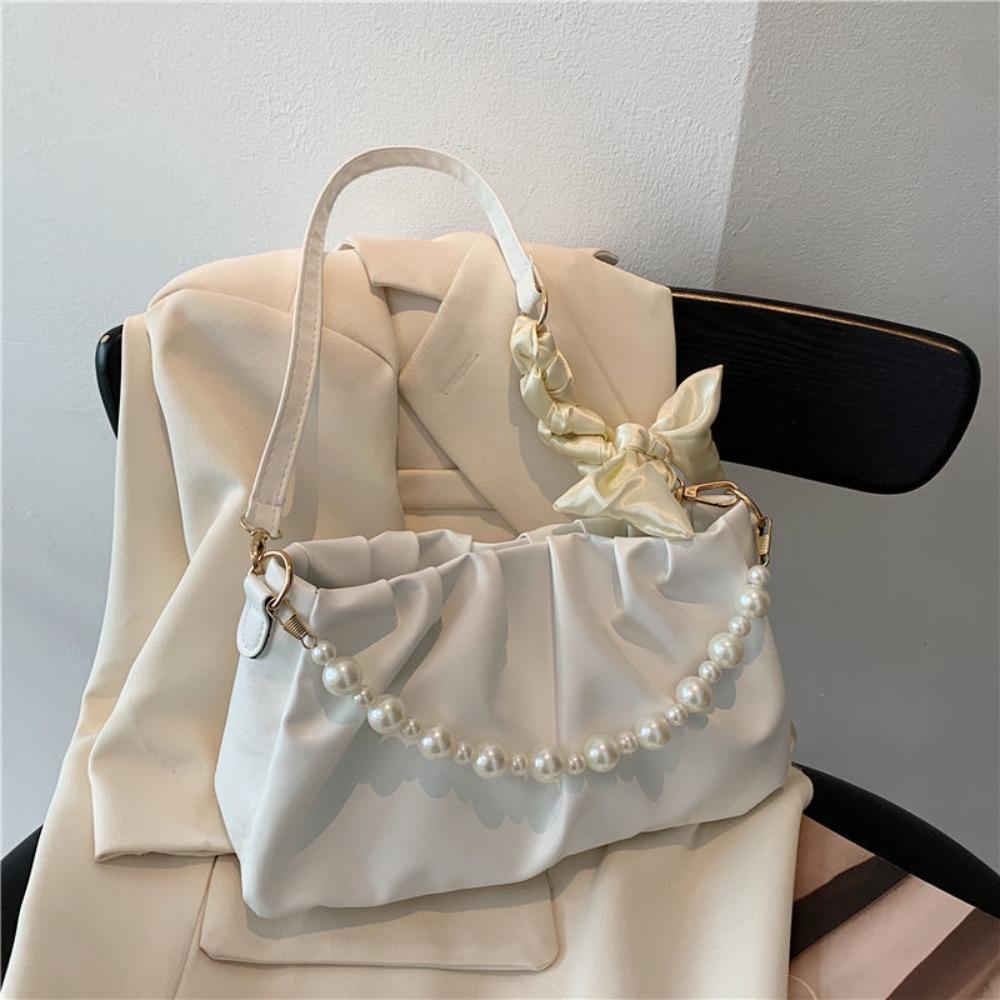 Gentle Pearl Chain Bag PU Leather Bow Handbag Trendy Pleated Shoulder Bag  Unisex