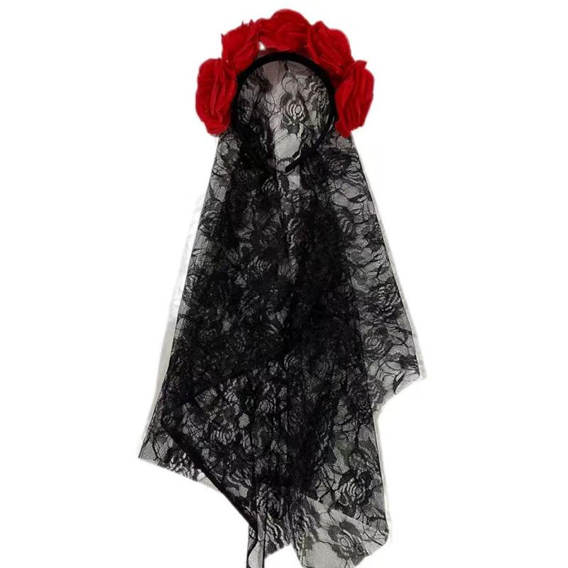 1PC Halloween Simulation Flower Cosplay Prop For Women Girls Headwear Costume Cosplay Rose Headband Lace with Black Veil