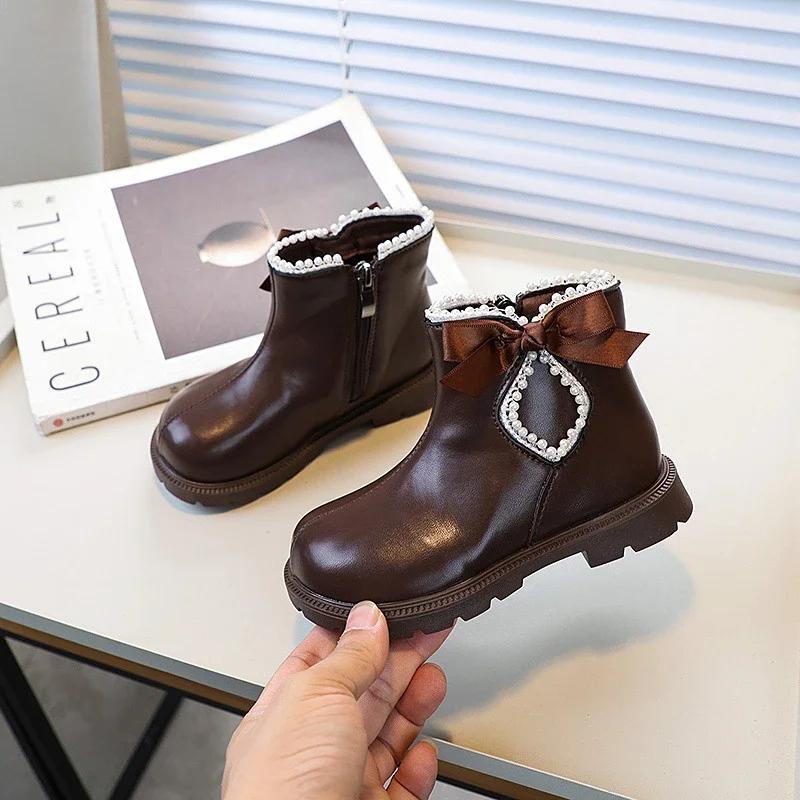 Girls Fashion Princess Ankle Boots Sweet Chic Children's Winter Boots Elegant Bowknot Versatile Kids Causal Cotton Boots Zipper
