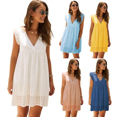 Lady Petticoats Plus Size Γυναικείες Σέξι μονόχρωμο V λαιμόκοψη βολάν άκρες κούφια έξω Φαρδύ Mini A Line φόρεμα