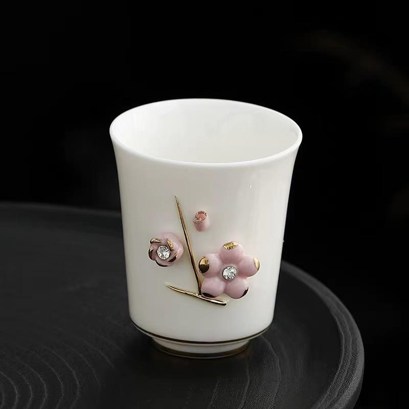 Handmade Floral Embossed Carved Relief Porcelain Tea Cup 80ml Chinese Kungfu Ceramic Cup for Ladies Holiday Gift
