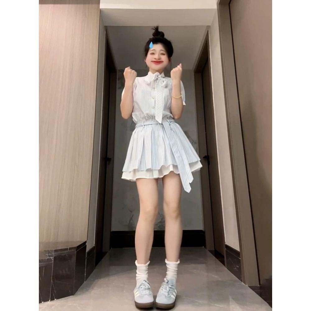Korean Cold Striped French Dress for Women's Summer Small People, Advanced Sense, Waist and Thin A-word Shirt Skirt