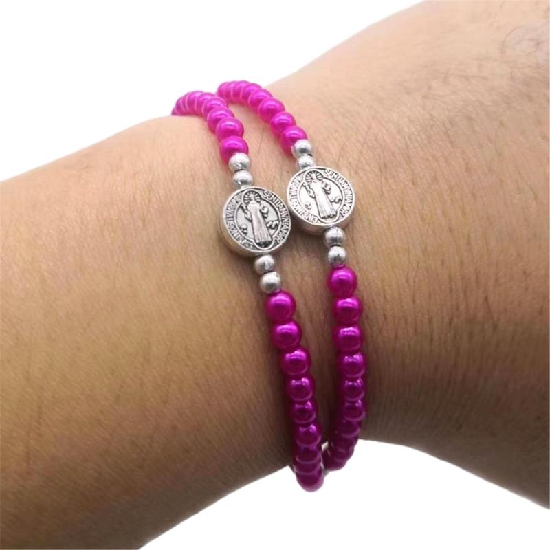 Catholic Cross Finger Chain Double Layer Imitation Pearl Beaded Wrist Chain Cross Rosary Bracelet for Women and Girls