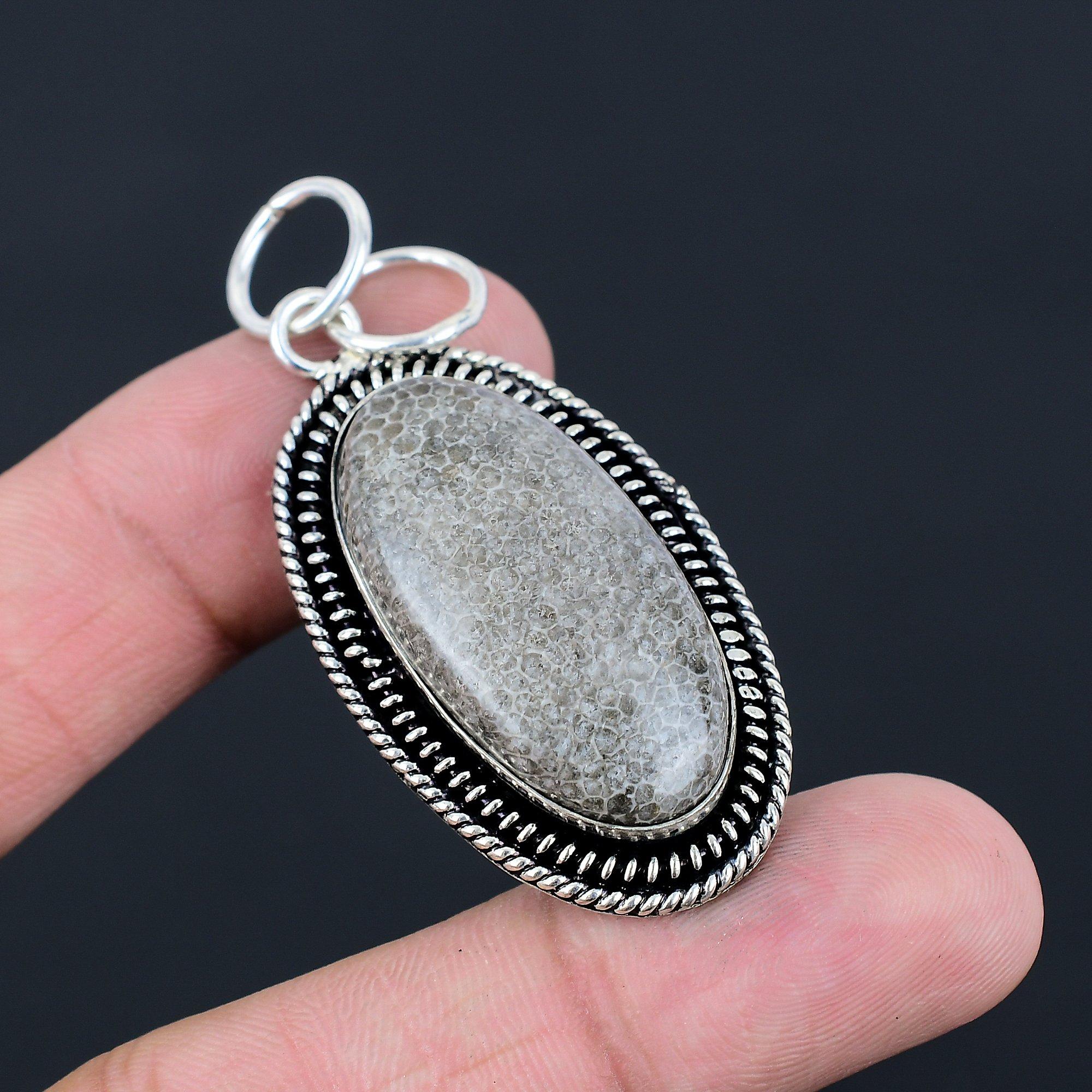 

Oval Stingray Coral Stone 925 Silver Artisan Bezel Wedding Ethnic Wife Pendant