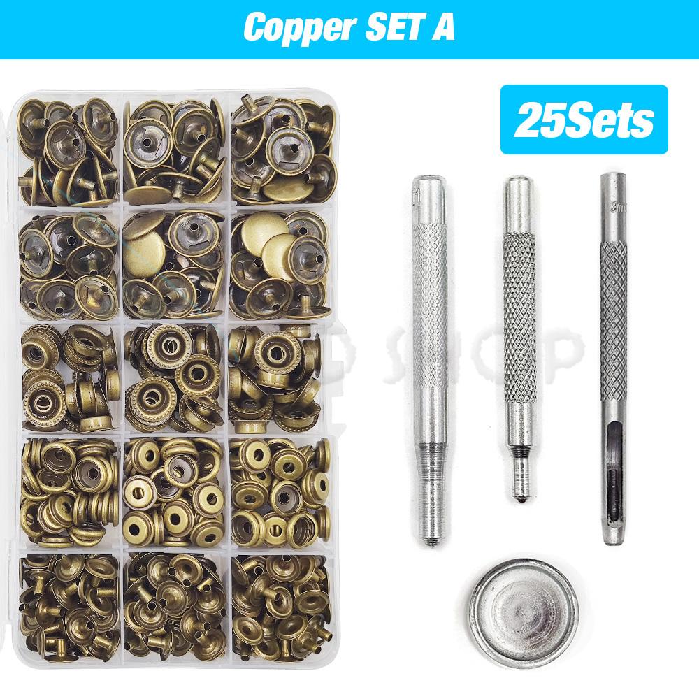 25Sets Metal Snaps Button Snap Fasteners Press Studs With 4 Installation Tools Kit For Clothes Garment Bags Shoes Leathercraft