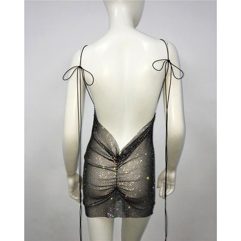 Sexy Sleeveless Dress with Backless Design Fishnet Rhinestone Lace Up Bodycon for Trendy Women