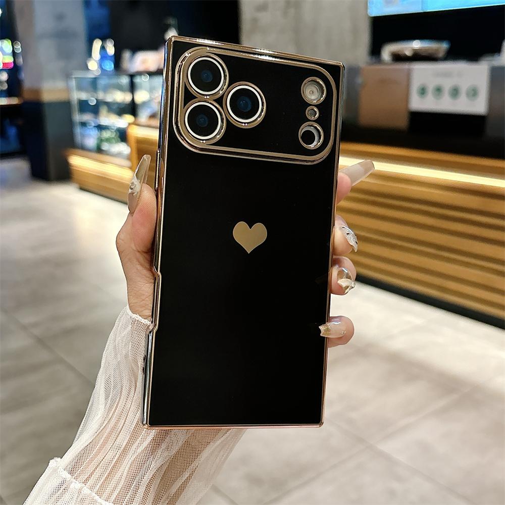 Fashion Plating Glossy Silicone Heart-Shaped Case For IPhone 17 Pro Max Air 16 15 14 13 12 11 Plus Shockproof Bumper Back Cover