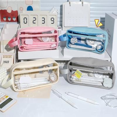 Pencil Case Large Capacity Double Layer Inner Transparent Zipper Closure Waterproof Item Storage PVC Pencil Storage Bag Stationery Container Office