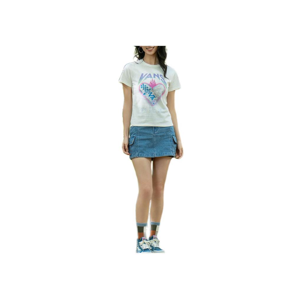 Vans Heart Letter Print Round Neck Pullover Short Sleeve T-Shirt Women Tops Off-White VN000KPEFS8