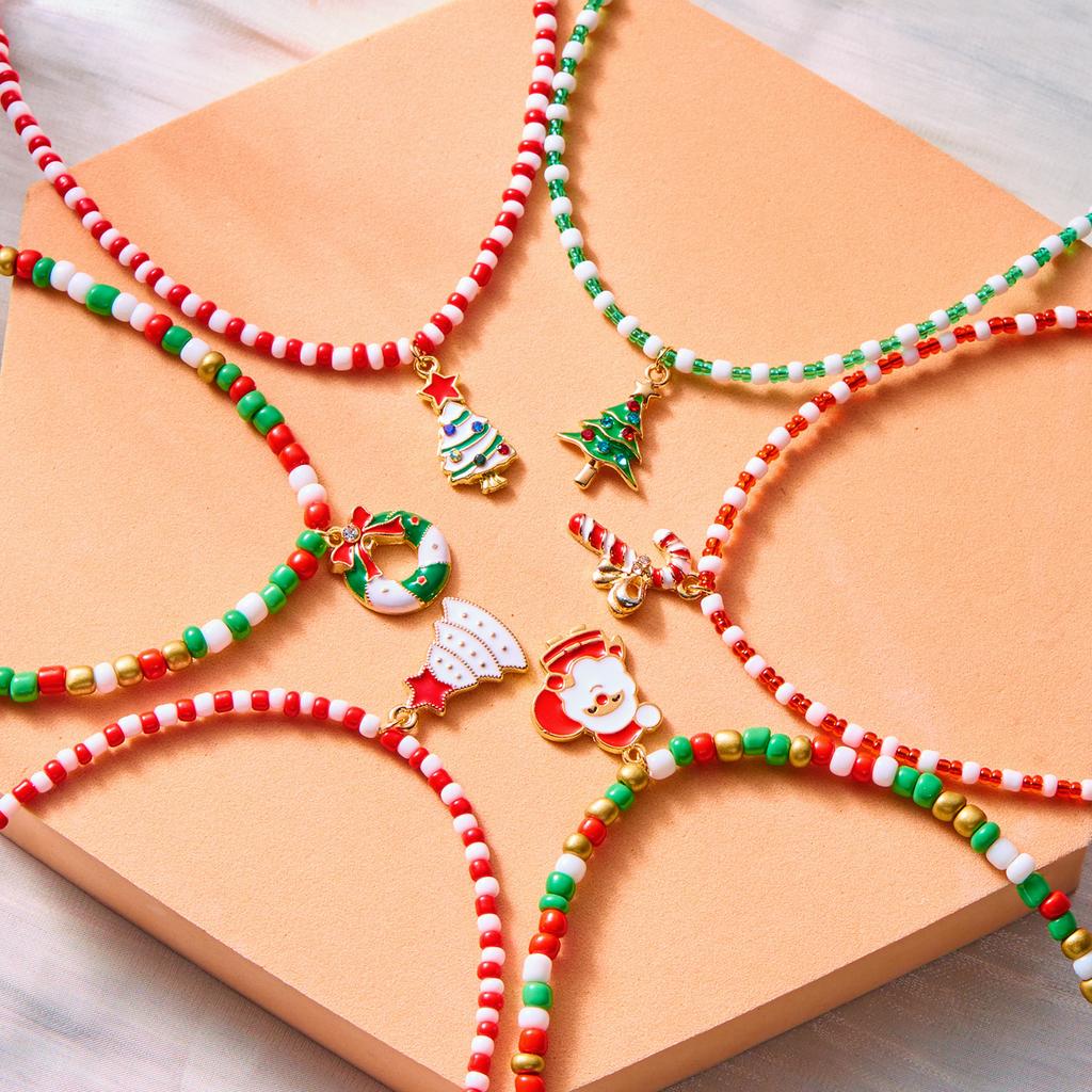 Merry Christmas Rice Beads Necklace For Women Girls Christmas Tree Snowman Santa Claus Crutch Clavicle Choker Xmas Jewelry Gifts