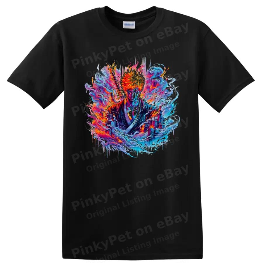 Ichigo Kurosaki Anime T Shirt w/ Fiery Sword Neon Fantasy Art Graphic Tee Style