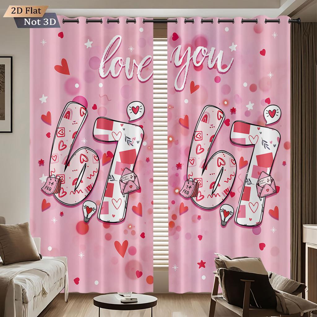 2pcs Valentine's Day Pink Love 67 Element Print Blackout Perforated Curtain Multi Size Living Room Bedroom Insulation Decoration