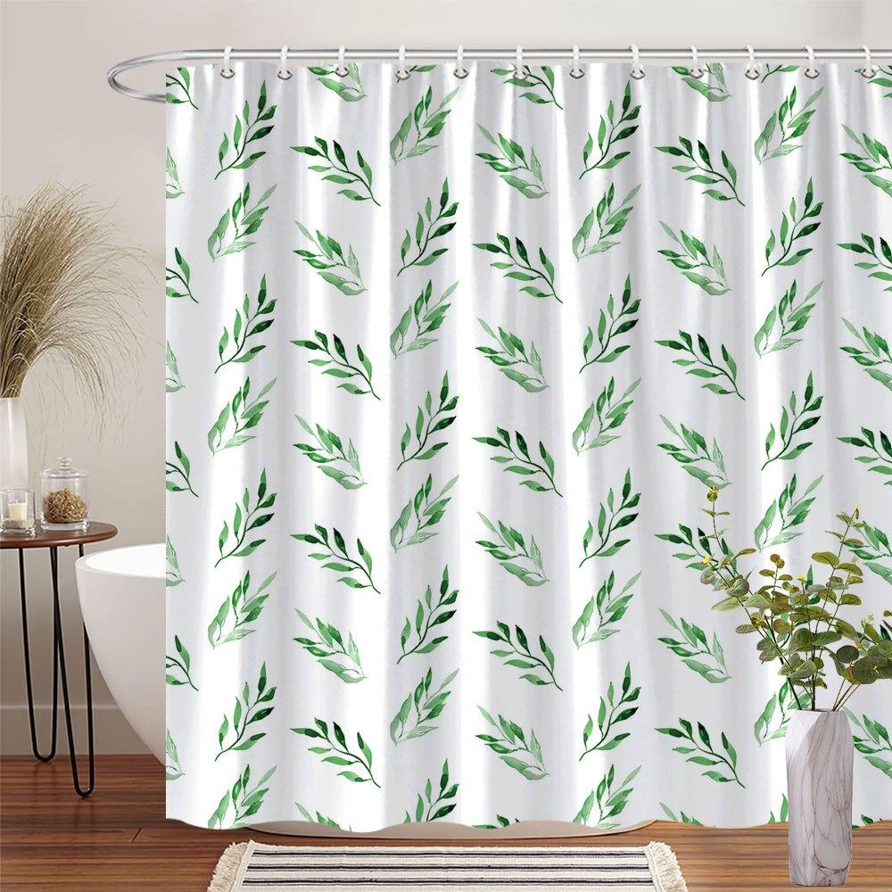 

1Pc Green Leaf Shower Curtain, Gradient Green On White, Fresh Natural Design, 70X70 , 12 Hooks, Machine Washable Polyester W60H190(CM)-1 Pcs