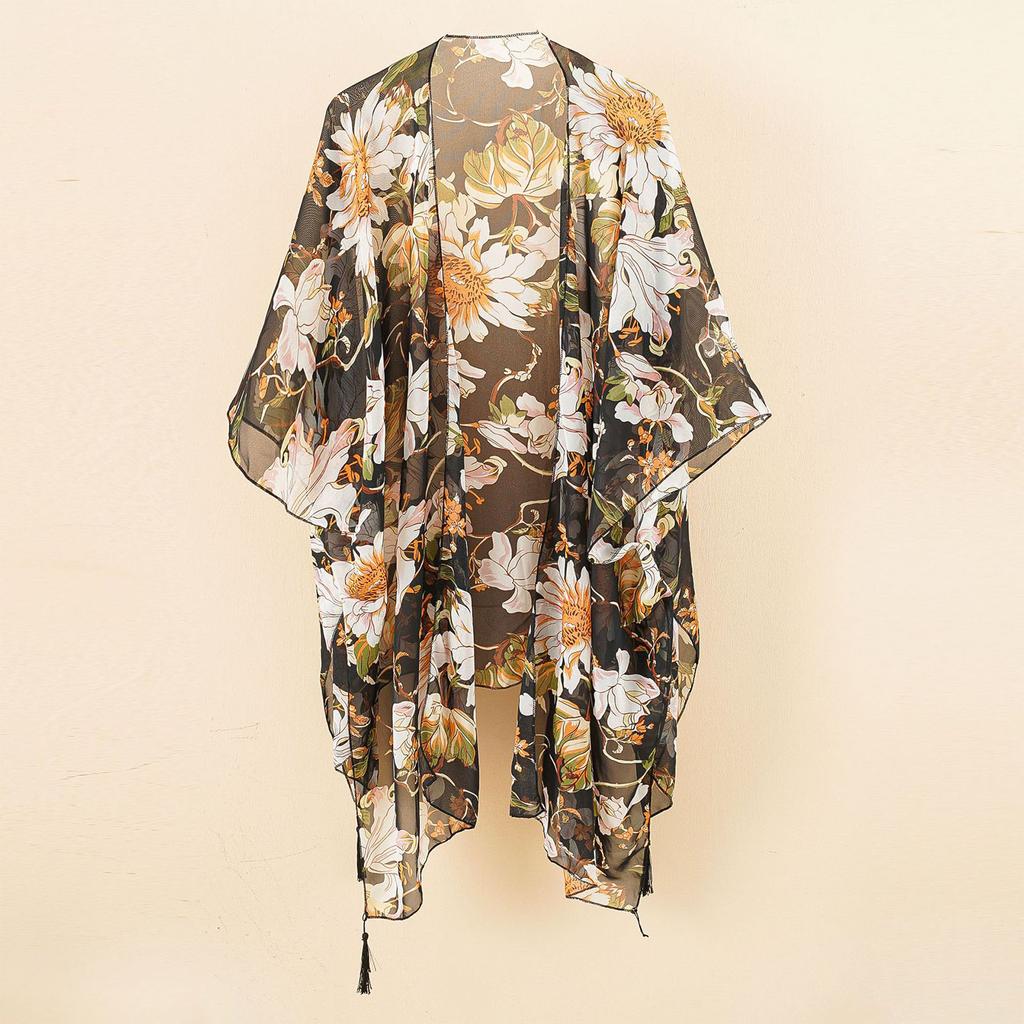 Beach Swimwear Cover Up Chiffon One Size Black Tassel Floral Print Swim Cover Up for Water Park Vacation