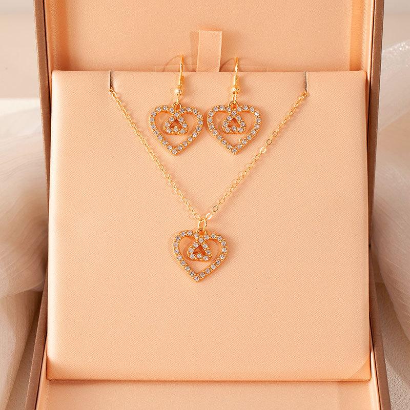 Simple Full Diamond Earrings Necklace Set Retro Love Butterfly Collarbone Chain Ear Hook Women'S Fashion Versatile Jewelry