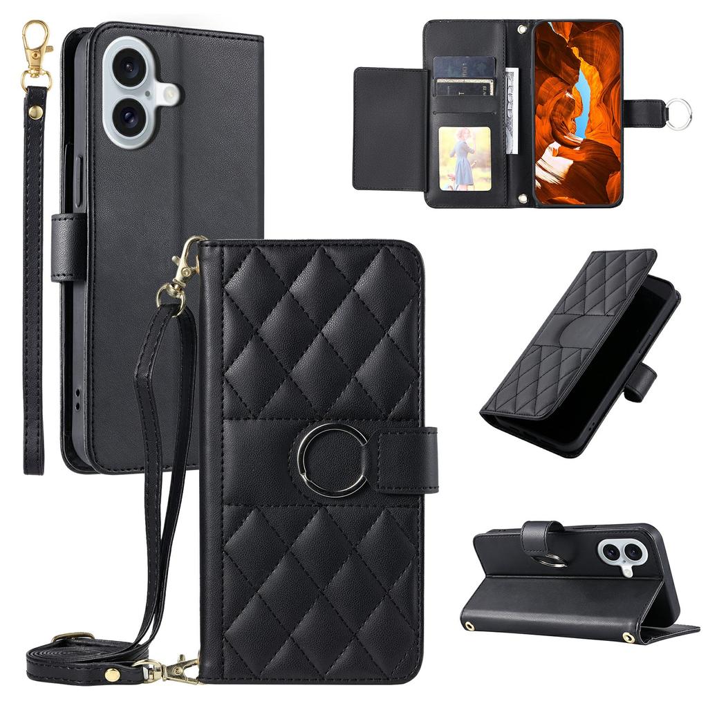 For iPhone 16 Plus Crossbody Leather Case Ring Buckle Wallet Stand Rhombus Mobile Cover