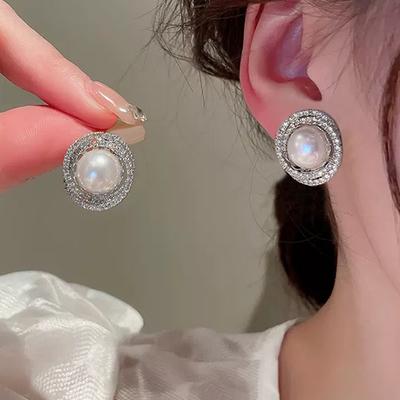 Huitan Sparkling Cubic Zirconia Simulated Pearl Stud Earrings for Women  Color Temperament Bride Wedding Accessory Jewelry