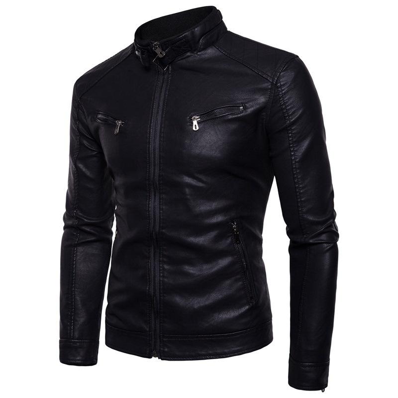 Men s large-size velvet zipper leather jacket, stand-up collar iron buckle men s motorcycle leather jacket M чёрный