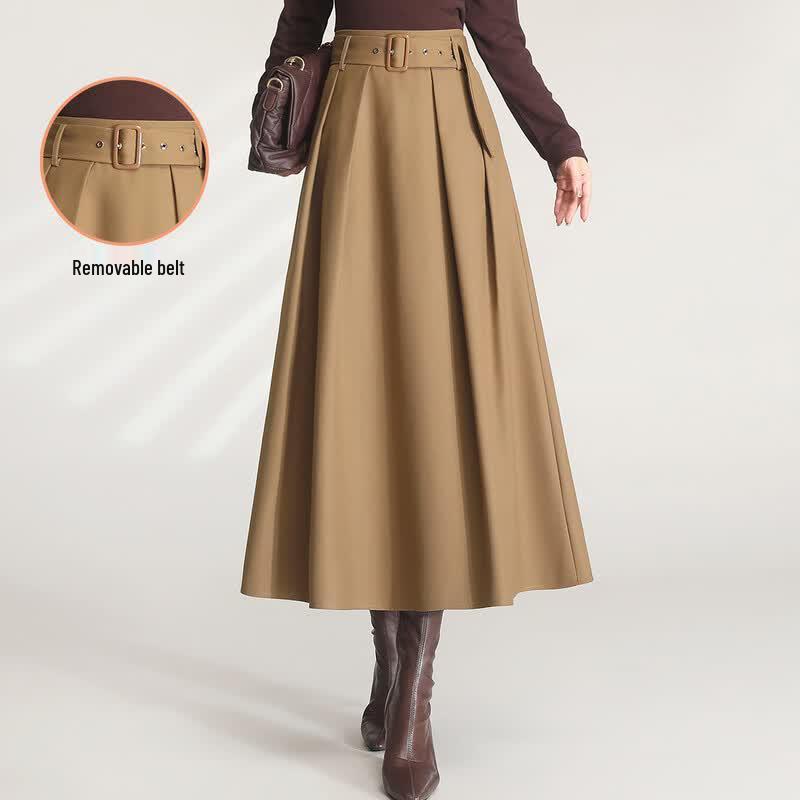 Elegant High-Waist Pleated A-Line Maxi Skirt with Detachable Belt S