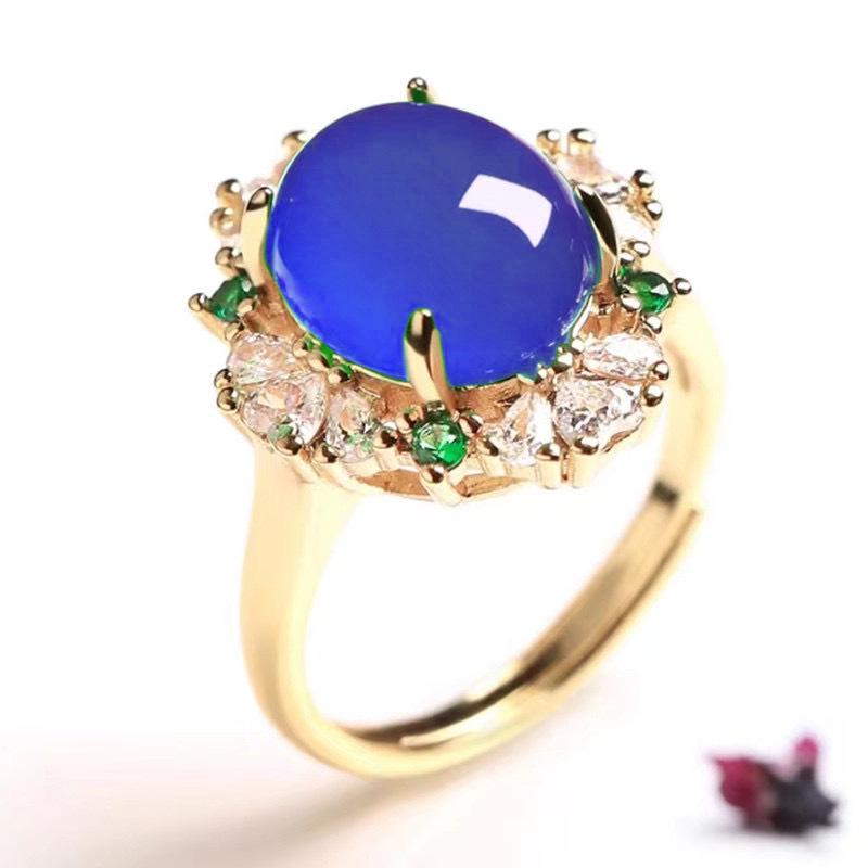 Bague Ajustable Calcédoine & Agate de Glace Forme Libre pour Femmes avec Incrustations en Forme d'Œuf et Placage Argent 925