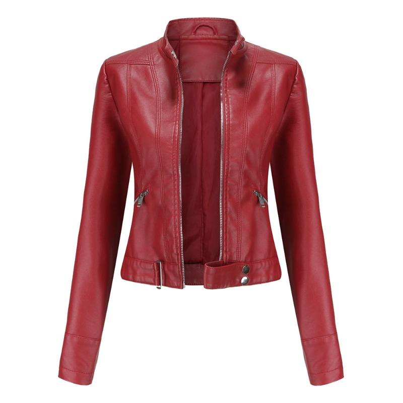 2 New Leather Jacket Women's Short Small Coat Spring and Autumn Stand-up Collar Women's Leather Jacket Women's Thin Leather Coat
