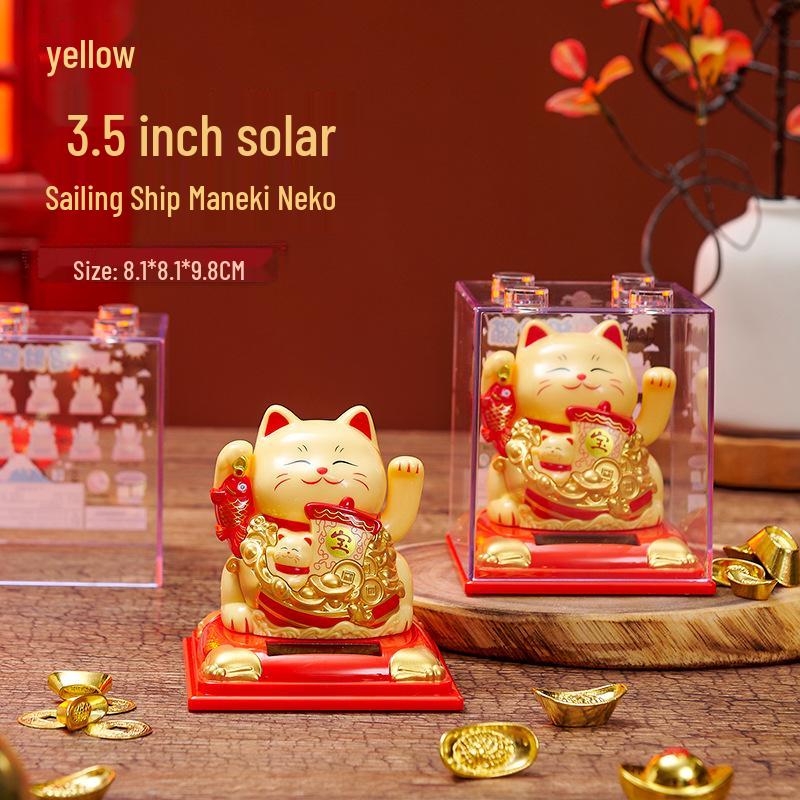 335 New Small Solar Waving Lucky Cat Ornament for Cake, Home, or Car Decoration
