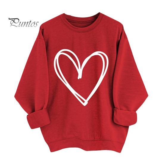 

Весна Осень Женская Толстовка Сердце Принт Чистый Цвет Круглый Вырез Свободный Длинные Рукава Пуловер День Святого Валентина Топ M красный