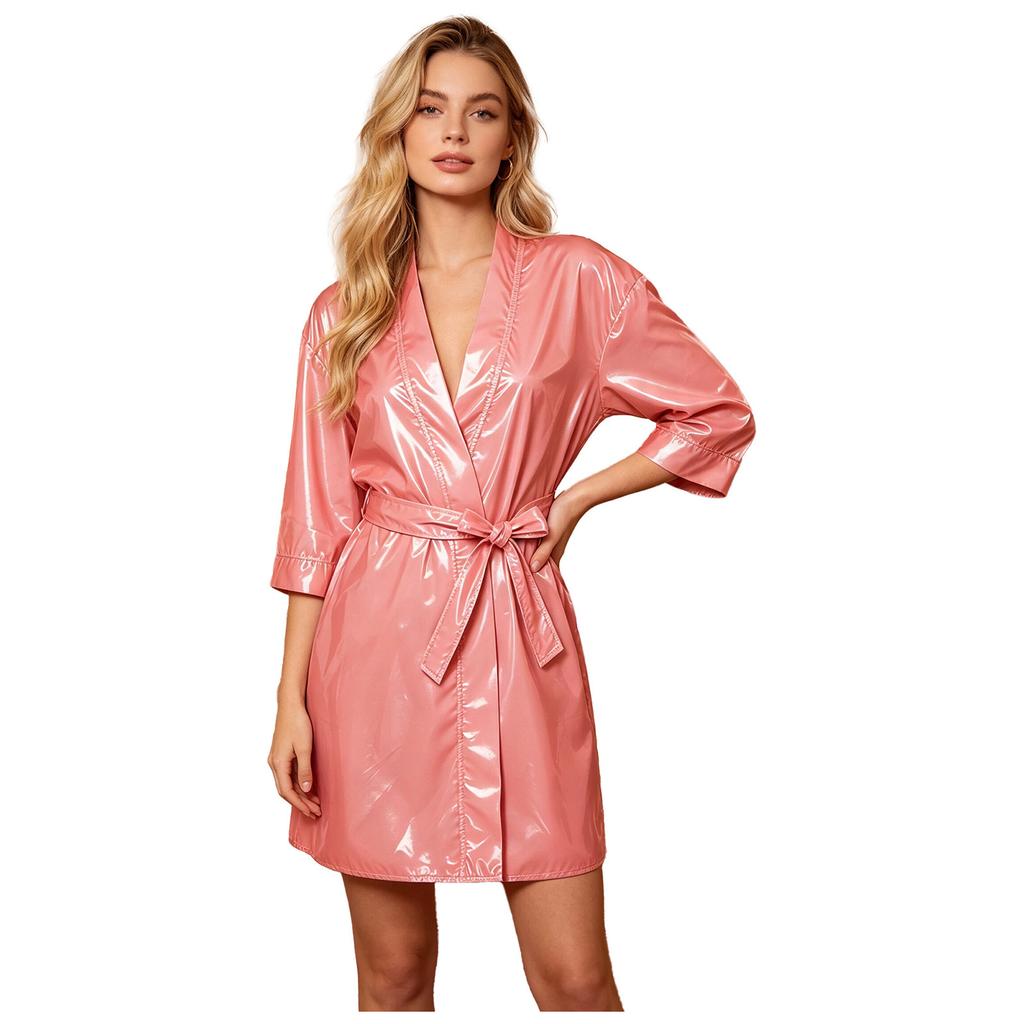 Peignoir Imperméable à Manches Courtes et Col en V Ouvert sur le Devant avec Ceinture pour Femme, Cache-Maillot Court pour Piscine et Fête Aquatique