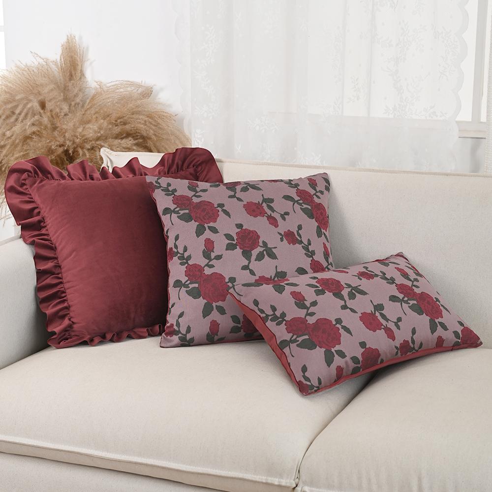 BUYNOW Red Rose Jacquard Hollandaise Lace Pillowcase Vintage Pastoral Living Room Sofa Cushion Cover Home Bedroom Saddle Decor