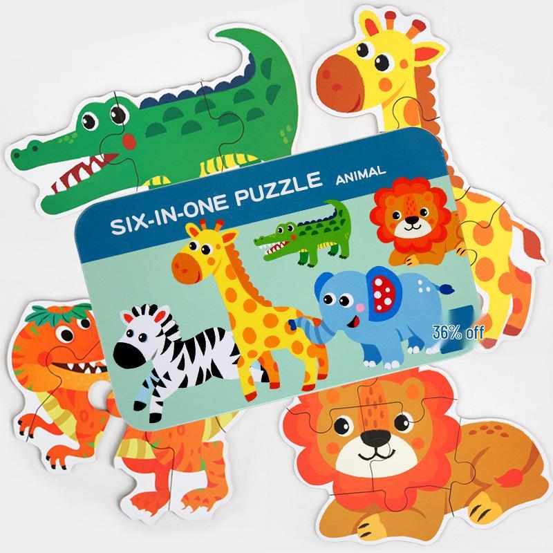 Wooden Six-in-One Puzzle for Ages 3-6: Animals & Transportation Educational Toy for Early Childhood Development