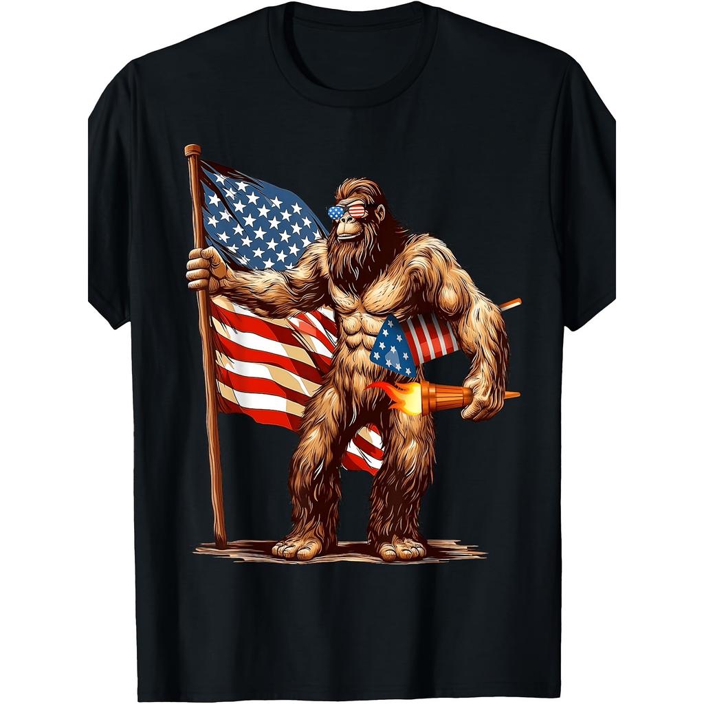 Patriotic Bigfoot Graphic Tee Men S Sasquatch American Flag Firework Crew Neck Casual T-Shirt