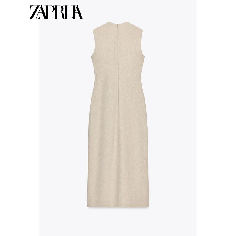 Zaprha 2025 New Arrival Linen Blend Buckle Decoration Midi Skirt Sleeveless Dress Waist Slim Looking 3721939