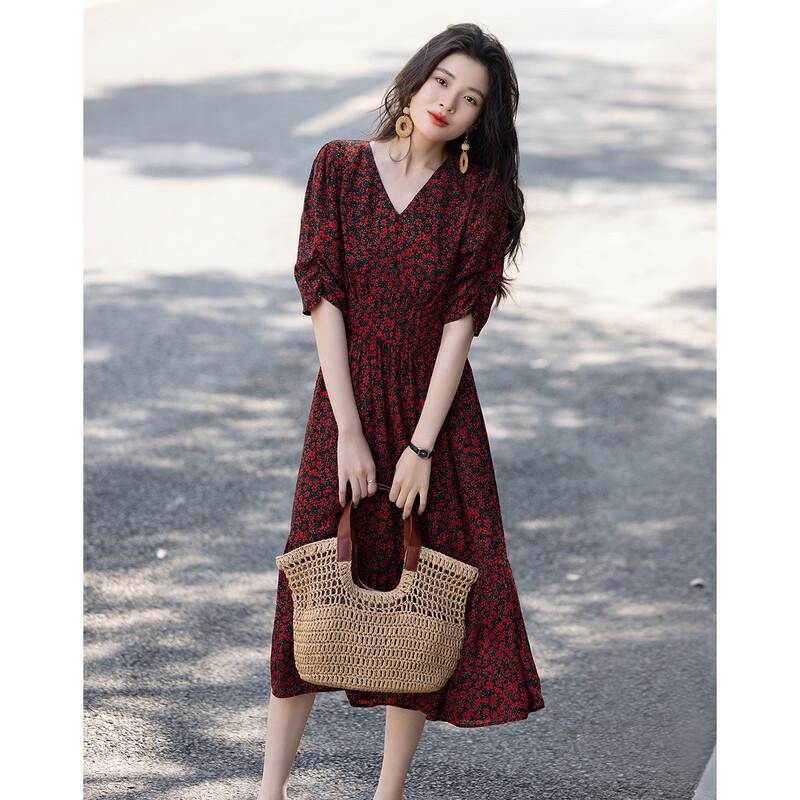 Demana French Style Printed Chiffon V-neck Dress