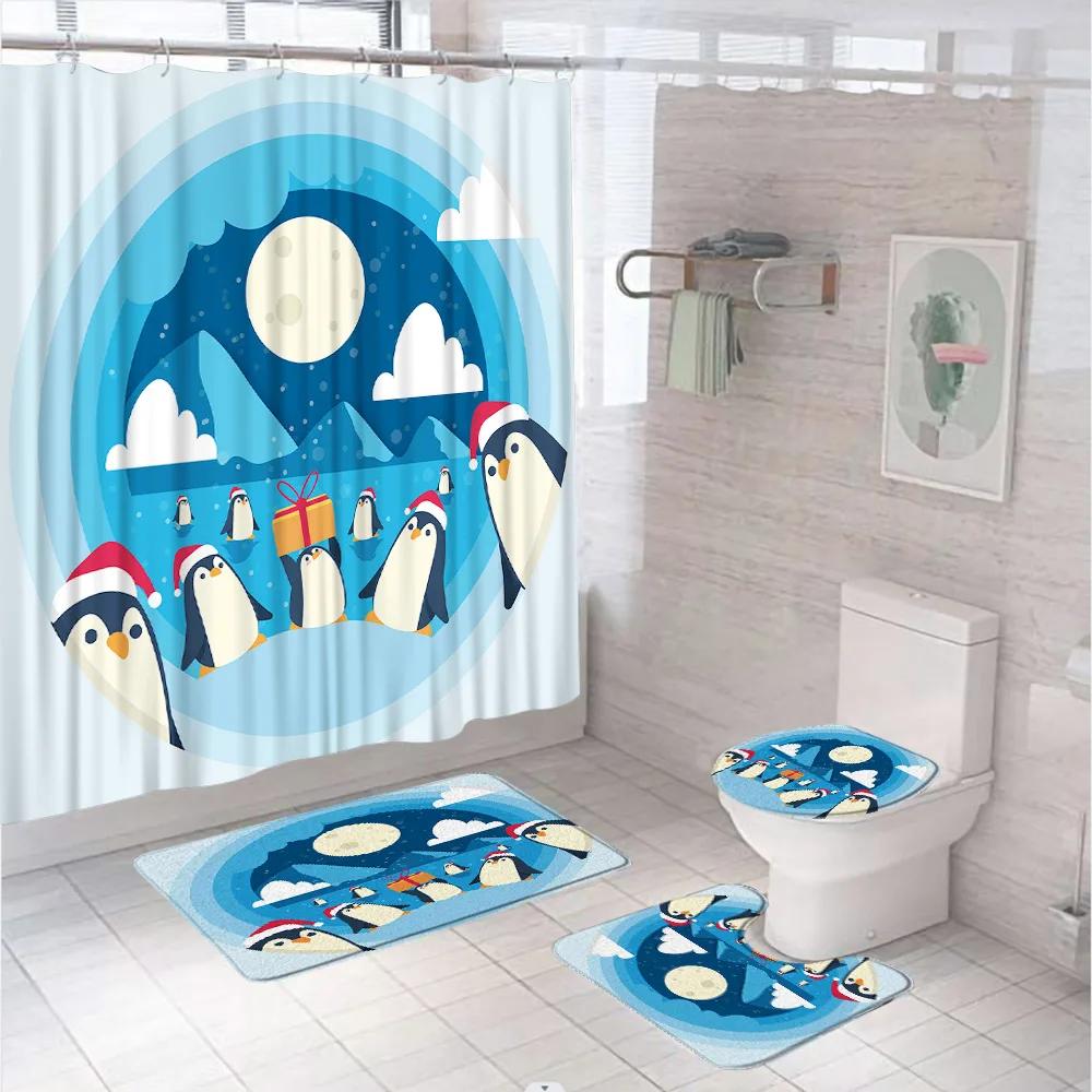 Funny Penguin Shower Curtain Set Animal Antarctic Ice Field Nature Blue Sky Bathroom Curtains Non-Slip Bath Mat Rug Toilet Cover