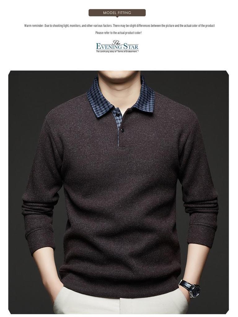2025 Fall/Winter Men's Faux Two-Piece Sweater - Plus Velvet, Solid Color, Warm Knit Base Layer for Middle-Aged Dads