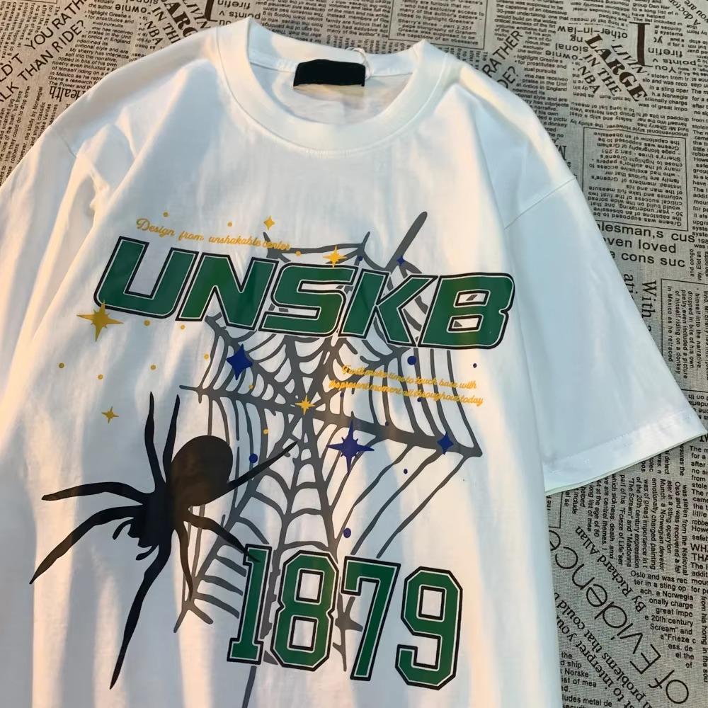 Knitted Love American Retro Spider Print Short Sleeve T-shirt Men Women Trendy Cotton Loose Versatile Couple Tops T Shirt