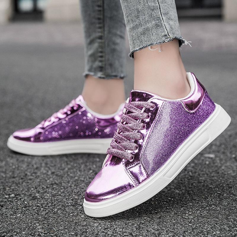 

Spring and autumn Korean version of casual sports board shoes glossy gold fashion women s shoes low-top lace-up flats purple women s shoes 42