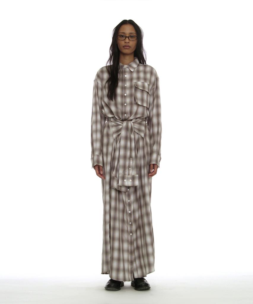 PARTIMENTO WOMEN Sleeve-Tie Shirt Maxi Dress_Beige Check