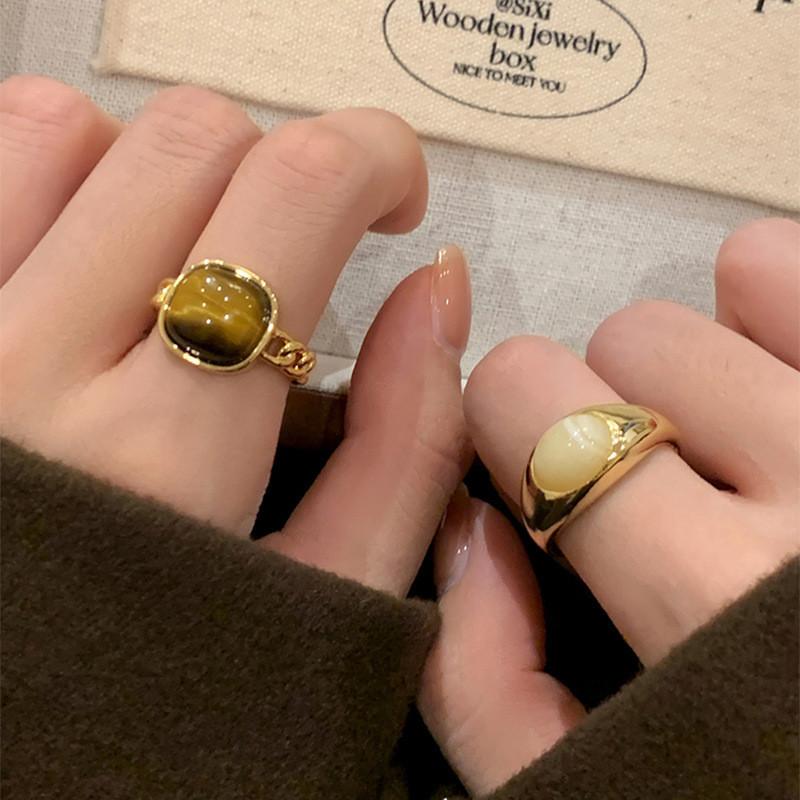 Vintage French Natural Stone Open Ring For Women Unique Design Adjustable Fashion Accessory
