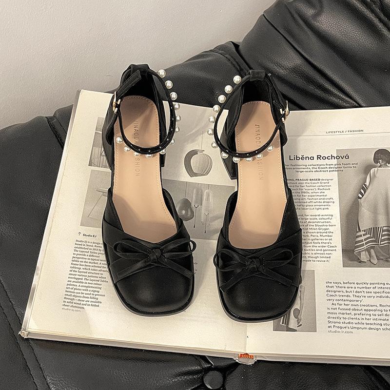 

Bow thick heel Mary Jane shoes women s summer new with skirt high heels fashion sandals 35 чёрный