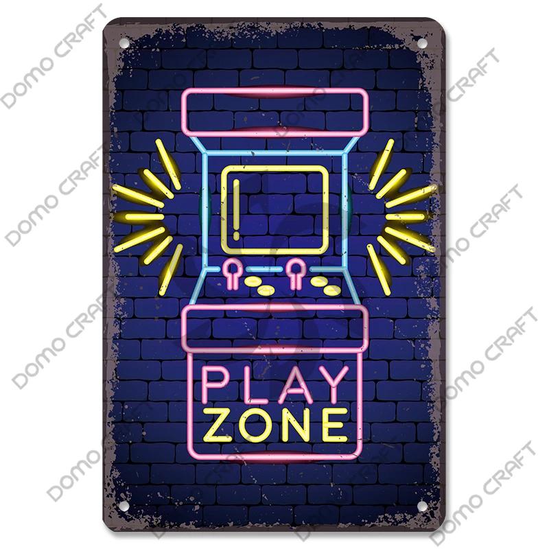 Poster Neon pentru jocuri video Placă metalică Gamer Play Win Game Zone Semne de tablă din metal Decor de perete retro Sala de jocuri Bar Pub Peștera omului