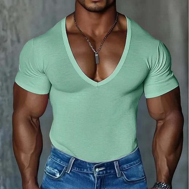 Men's Short Sleeve V-Neck T-Shirt Men's Slim Fit Solid Color Casual T-Shirt Short Sleeve Men's Top
