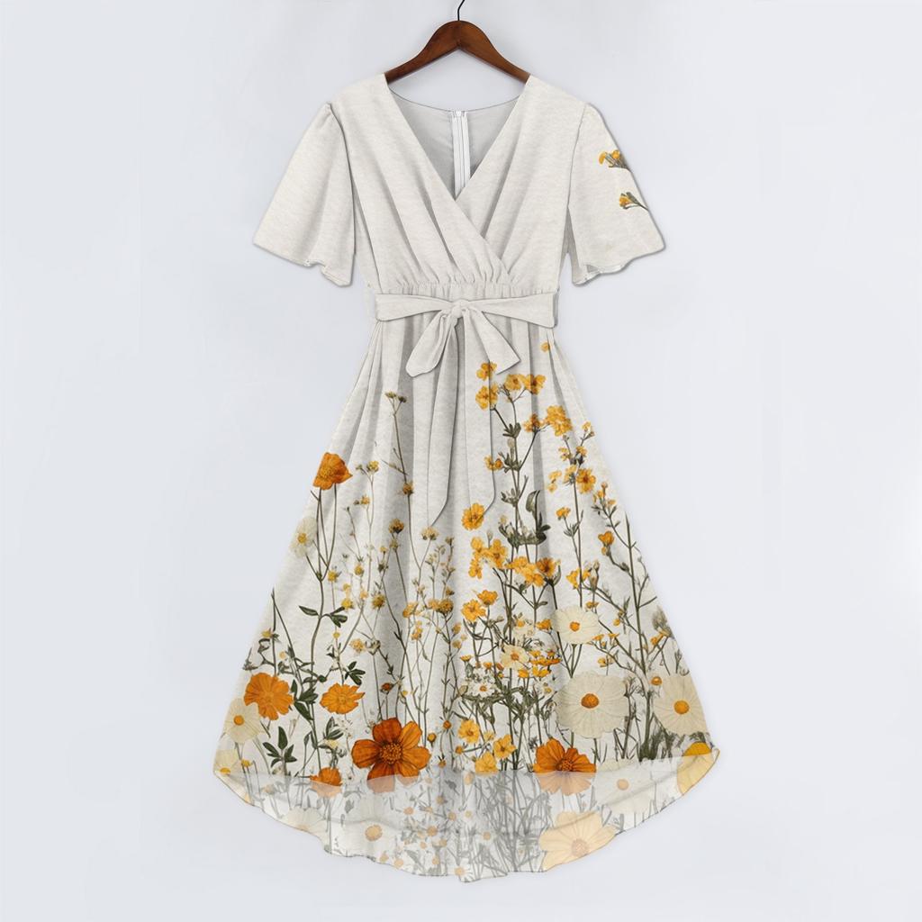 Women's Fashion Casual V Neck Short Sleeve Ruffled Vintage Printed Dresses