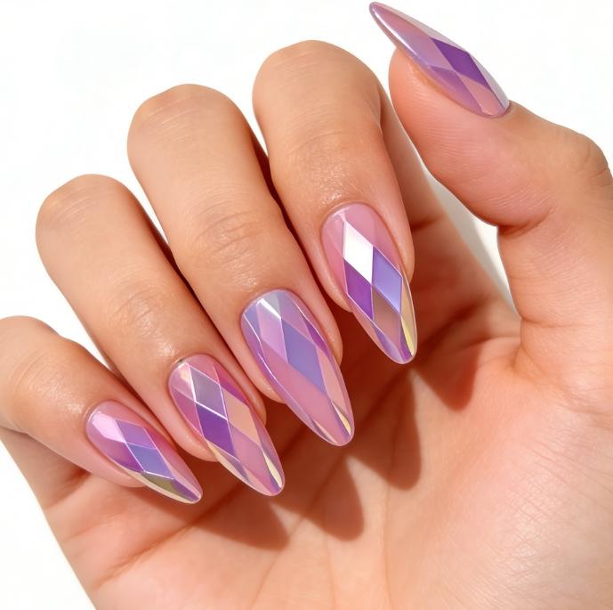 24 Nail Art Fashion Pink Sweet 3D Rhombus Electroplating Design Long Almond Wear Nail Jelly glue + rubbing strips*3pcs